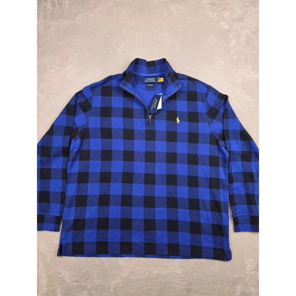 Polo Ralph Lauren Quarter Zip Sweater Men XL Blue Check Estate Rib Buffalo Plaid